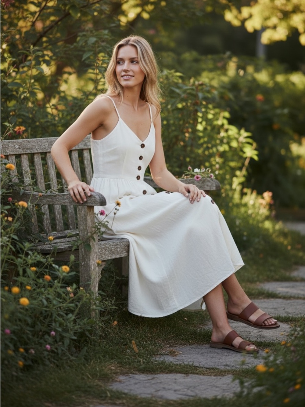 Japna White Button-Front Spaghetti Strap Midi Dress Small Summer Capsule